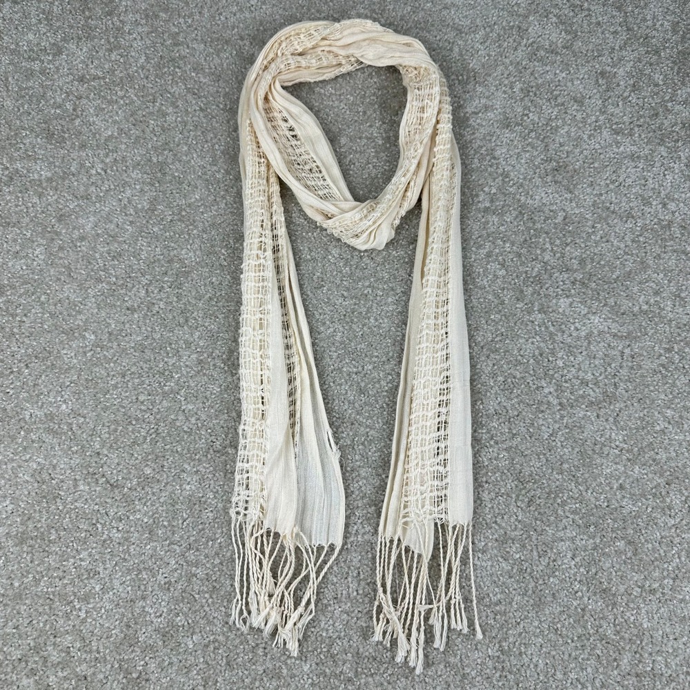 Boho Cream Open Knit Fringe Scarf Lightweight Gauze Crochet Style Neutral Wrap